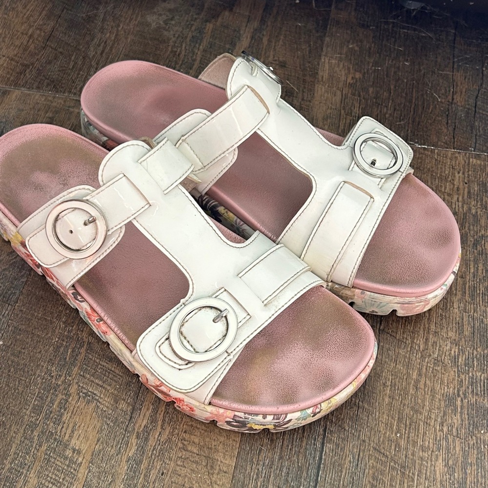 Alegria Vista‎ White Patent Floral Platform Slide Sandals Buckle Straps Size 40